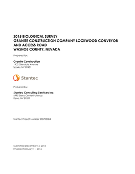 2015 Biological Survey Granite Construction Company Lockwood Conveyor and Access Road Washoe County, Nevada