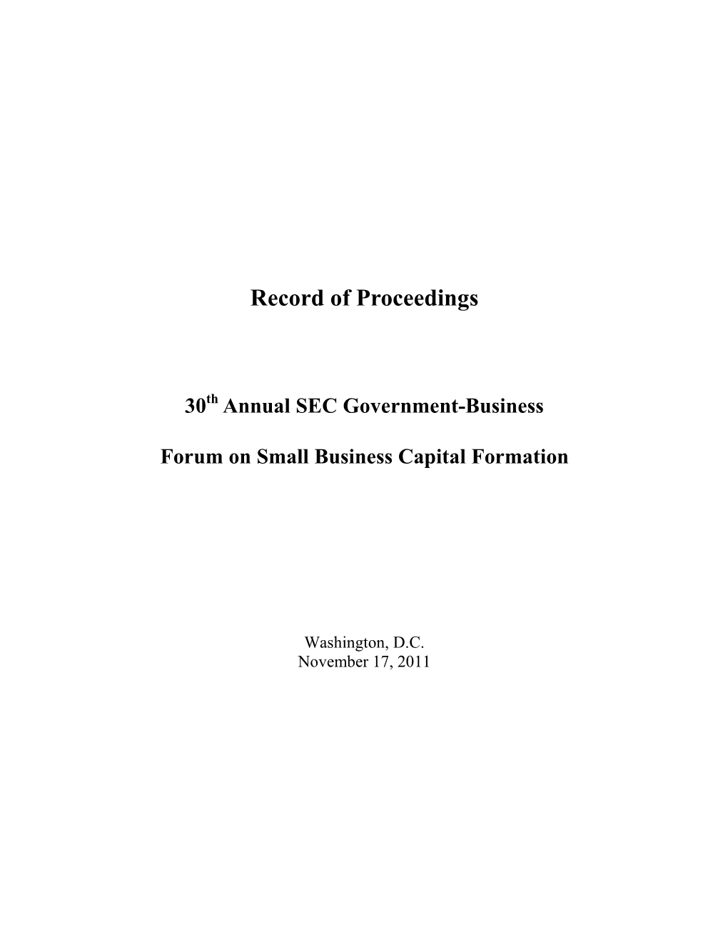 Record of Proceedings of the 30Th Annual SEC Government-Business