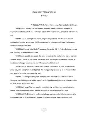 HOUSE JOINT RESOLUTION 876 by Coley a RESOLUTION to Honor The