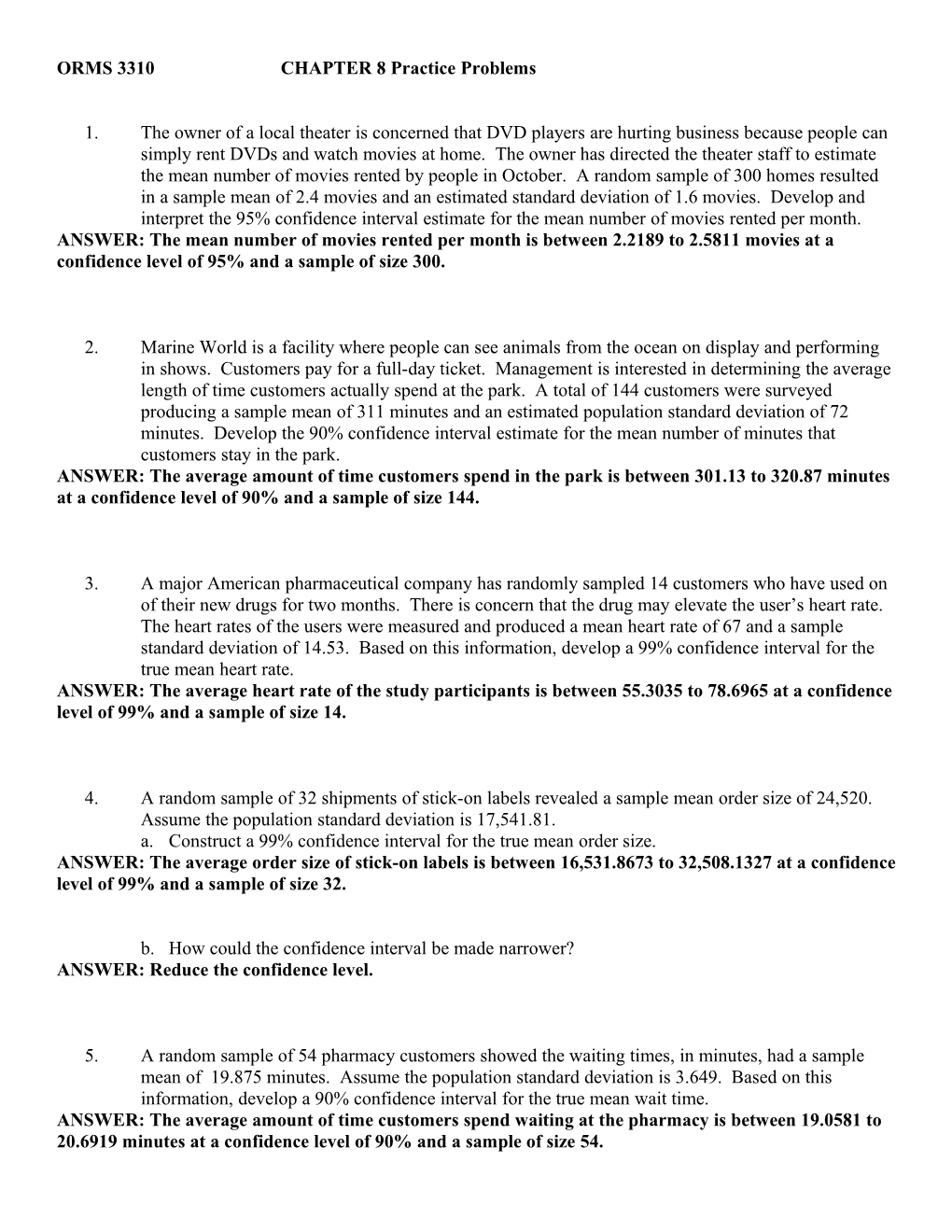 ORMS 3310 CHAPTER 8 Practice Problems