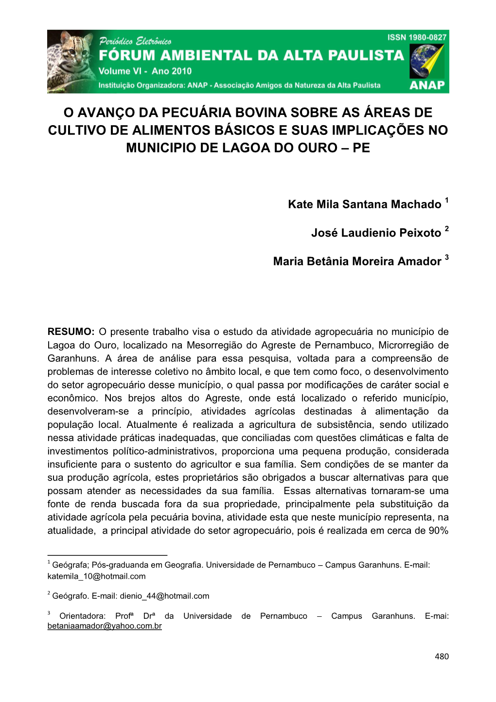 O Avanço Da Pecuária Bovina Sobre As Áreas De Cultivo De Alimentos Básicos E Suas Implicações No Municipio De Lagoa Do Ouro – Pe