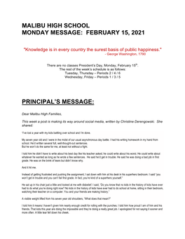 Malibu High School Monday Message: February 15, 2021 Principal's Message
