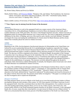 Hampton, Fisk, and Atlanta: the Foundations, the American Library Association, and Library Education for Blacks, 1925-1941