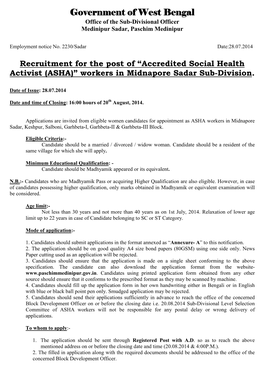 Recruitment for the Post of Accredited Social Health Activist ASHA