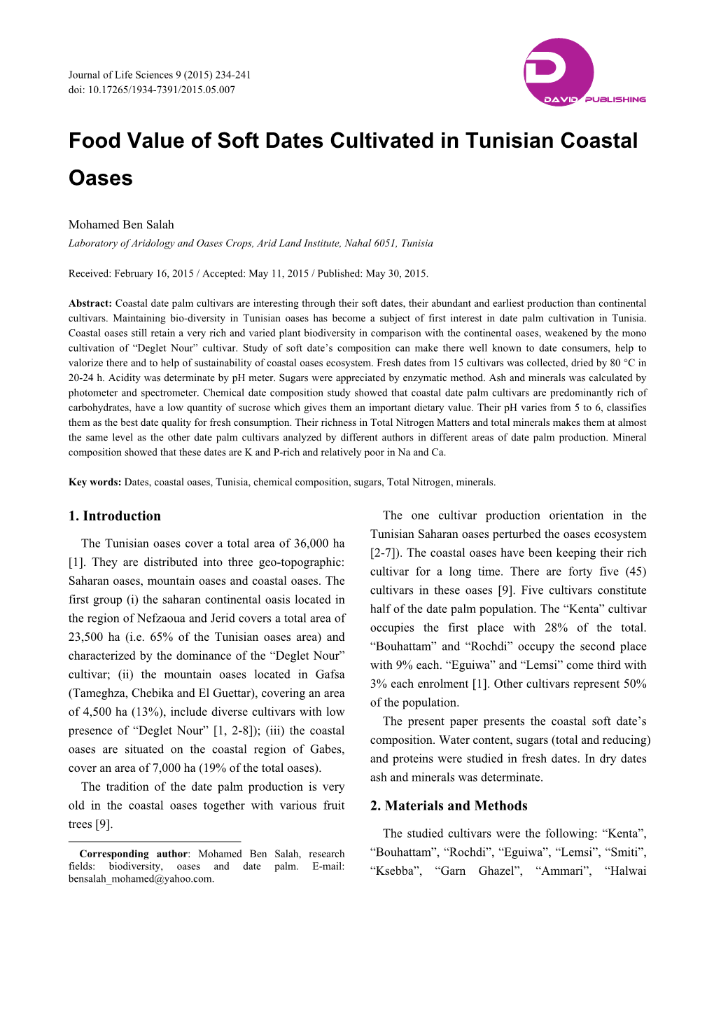 Food Value of Soft Dates Cultivated in Tunisian Coastal Oases