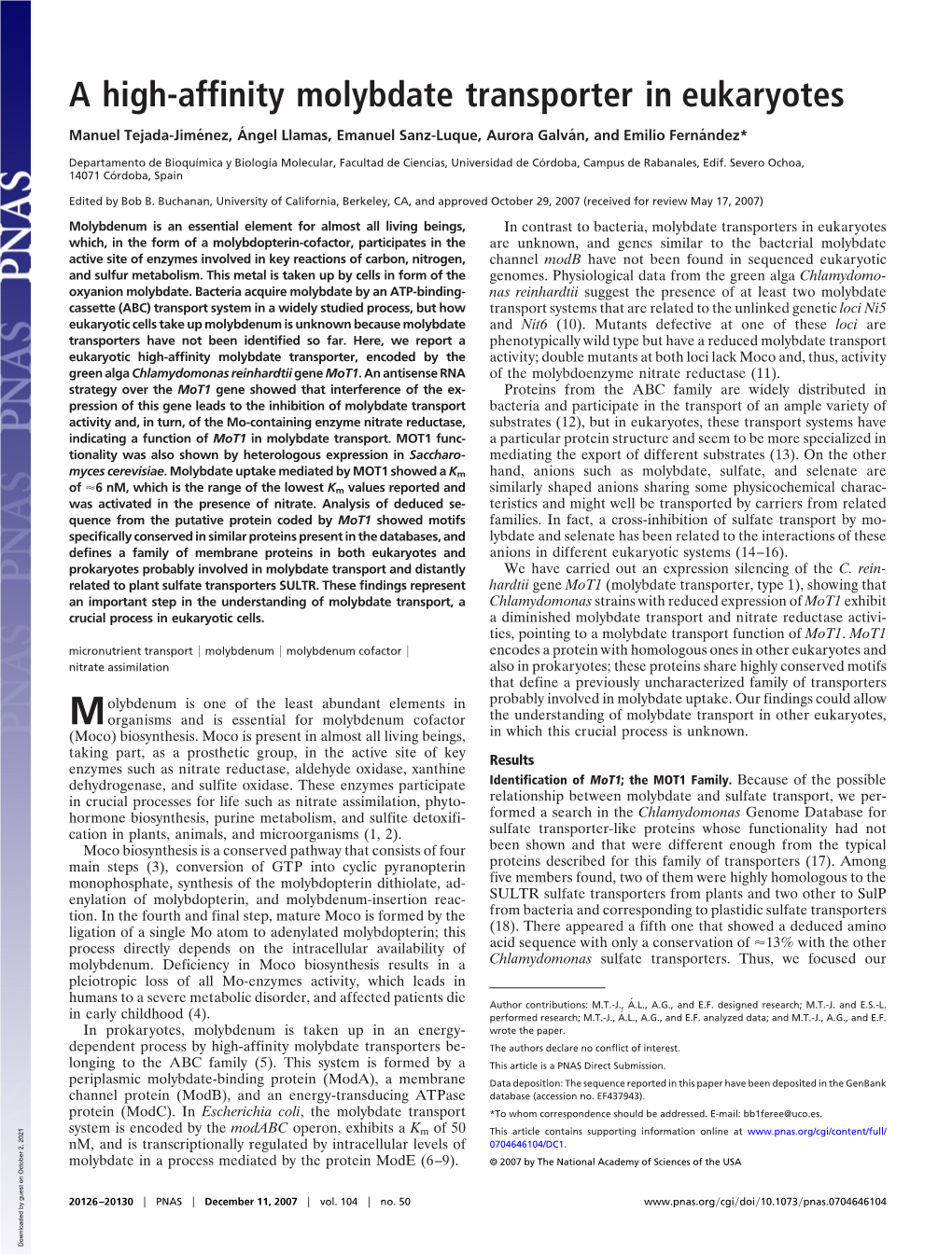 A High-Affinity Molybdate Transporter in Eukaryotes