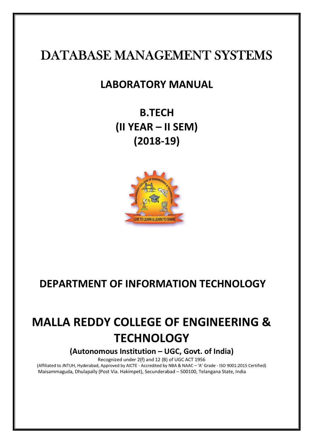 Database Management Systems Malla Reddy College of Engineering & Technology