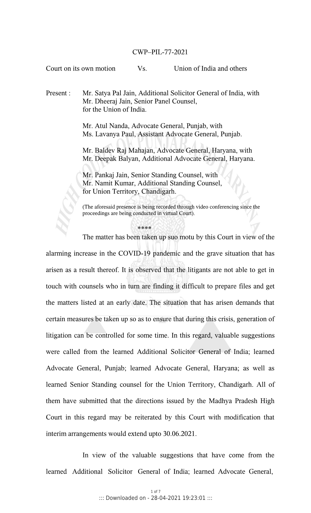 CWP–PIL-77-2021 Court on Its Own Motion Vs. Union of India And