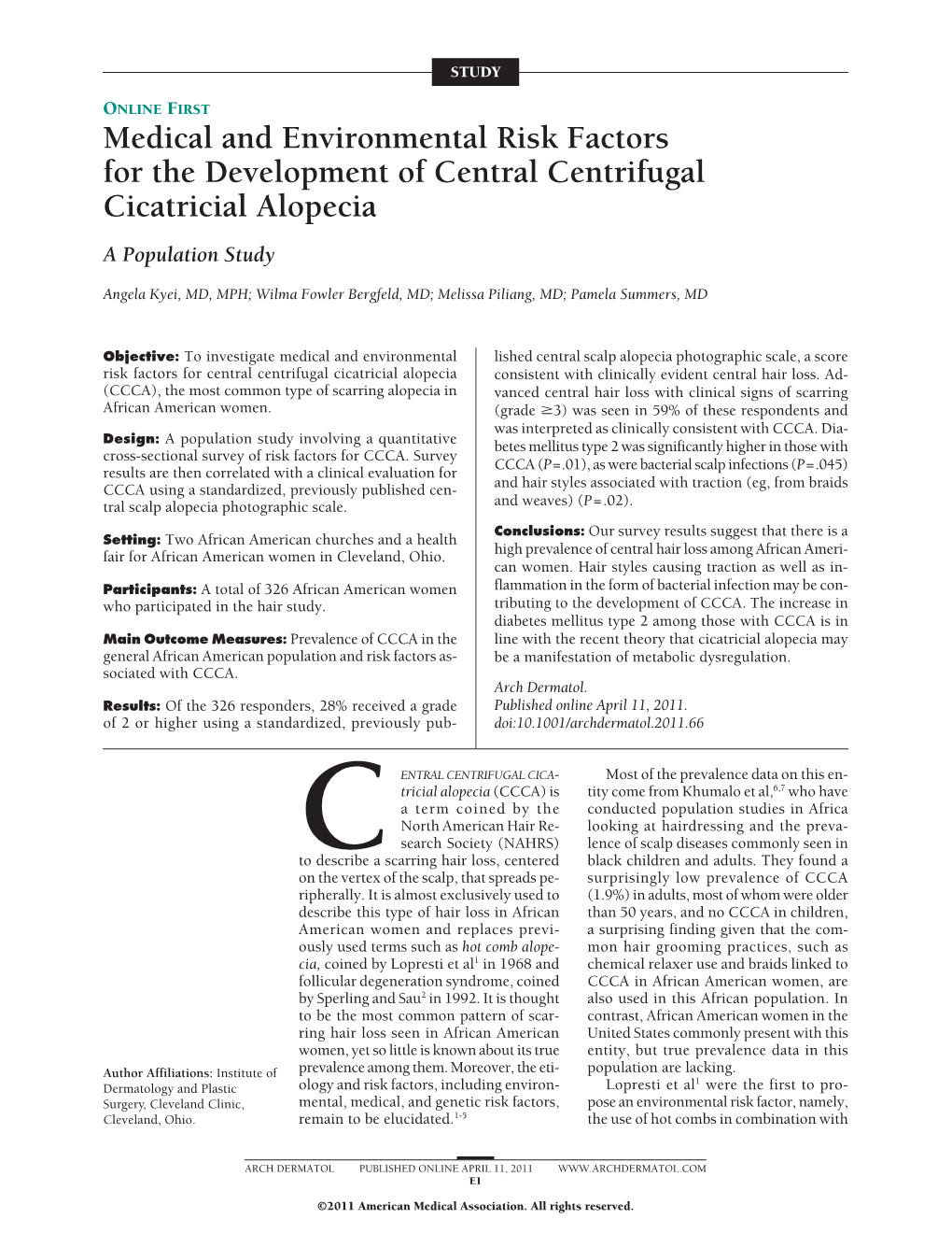 Medical and Environmental Risk Factors for the Development of Central Centrifugal Cicatricial Alopecia a Population Study