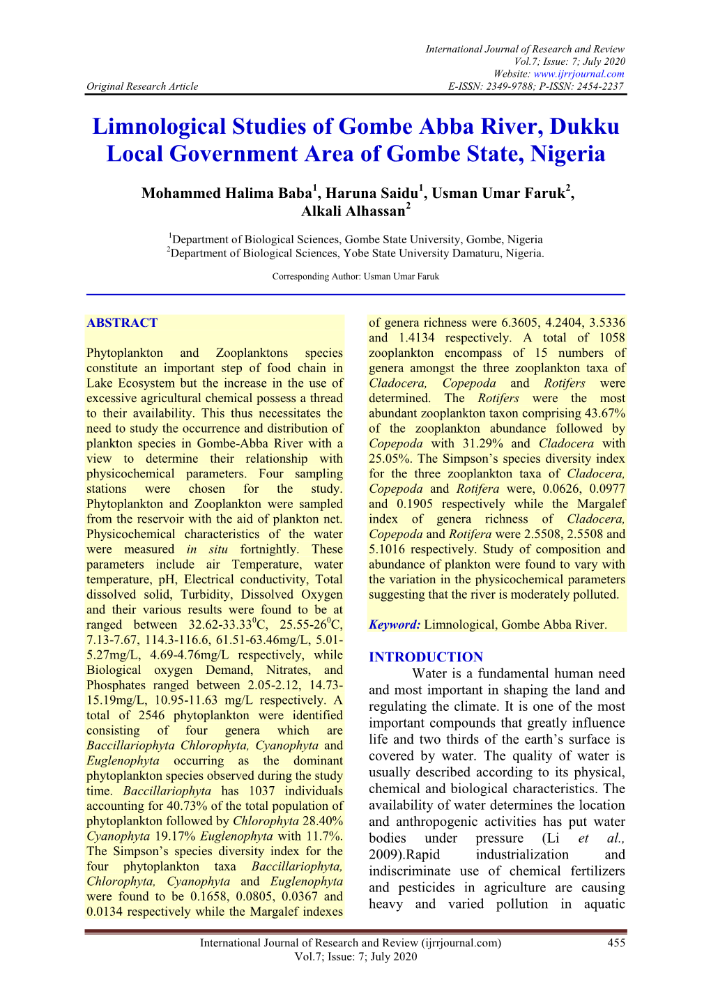 Limnological Studies of Gombe Abba River, Dukku Local Government Area of Gombe State, Nigeria