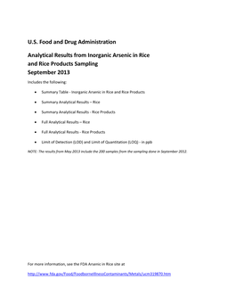 U.S. Food and Drug Administration Analytical Results from Inorganic Arsenic in Rice and Rice Products Sampling September 2013
