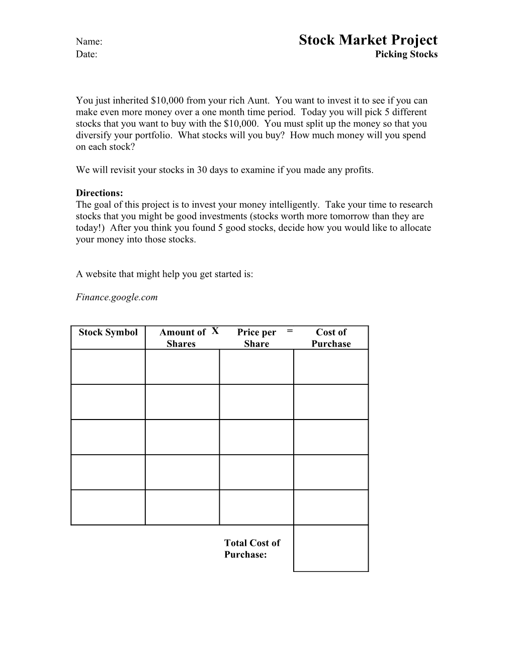 Name: Stock Market Project