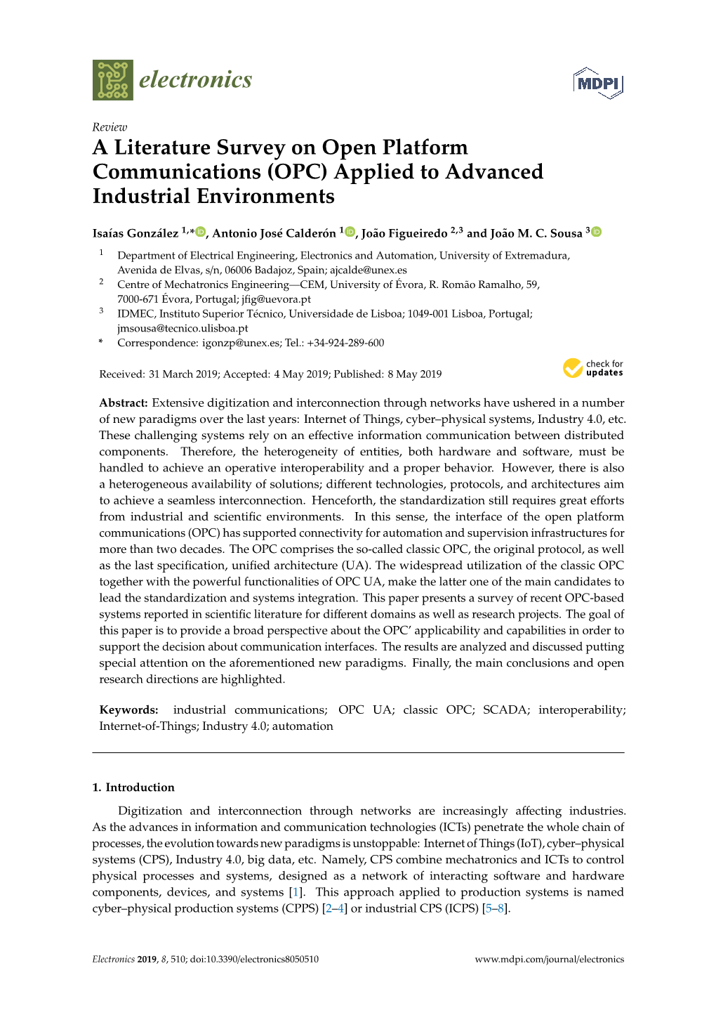 A Literature Survey on Open Platform Communications (OPC) Applied to Advanced Industrial Environments
