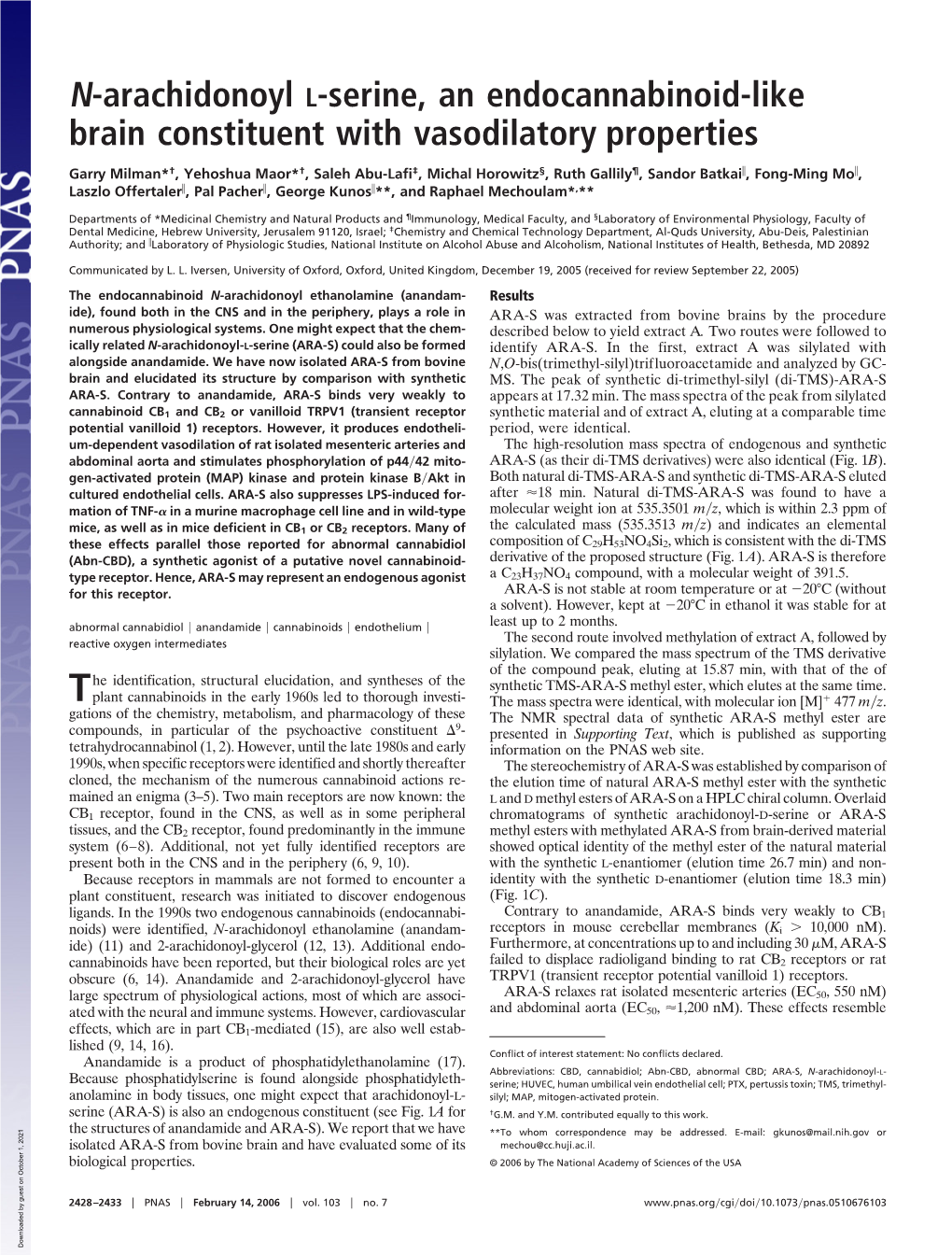 N-Arachidonoyl L-Serine, an Endocannabinoid-Like Brain Constituent with Vasodilatory Properties