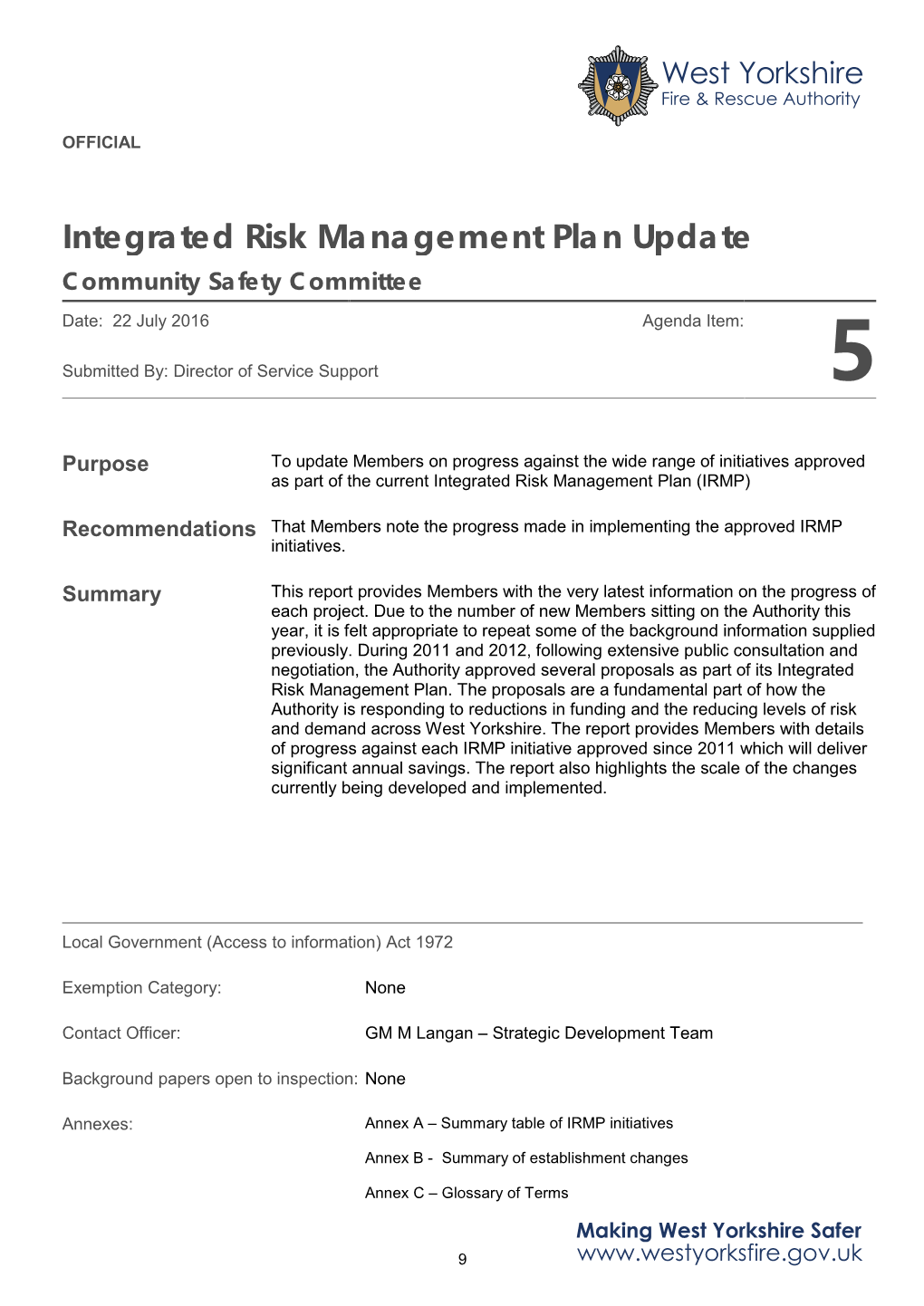 Integrated Risk Management Plan Update Community Safety Committee