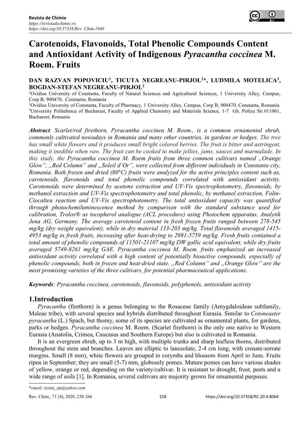 Carotenoids, Flavonoids, Total Phenolic Compounds Content and Antioxidant Activity of Indigenous Pyracantha Coccinea M