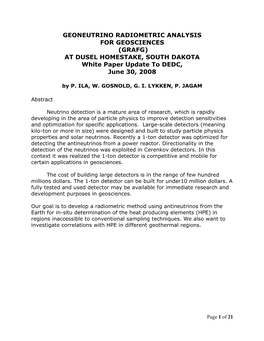 GEONEUTRINO RADIOMETRIC ANALYSIS for GEOSCIENCES (GRAFG) at DUSEL HOMESTAKE, SOUTH DAKOTA White Paper Update to DEDC, June 30, 2008