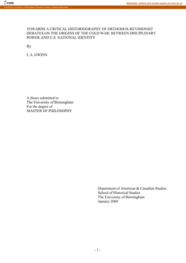 Towards a Critical Historiography of Orthodox-Revisionist Debates on the Origins of the Cold War: Between Disciplinary Power and U.S