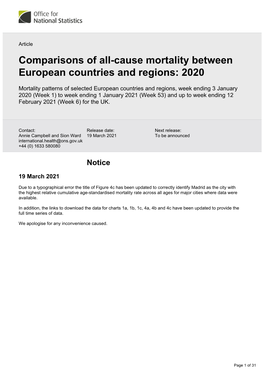 Comparisons of All-Cause Mortality Between European Countries and Regions: 2020