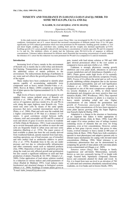 Toxicity and Tolerance in Samanea Saman (Jacq.) Merr