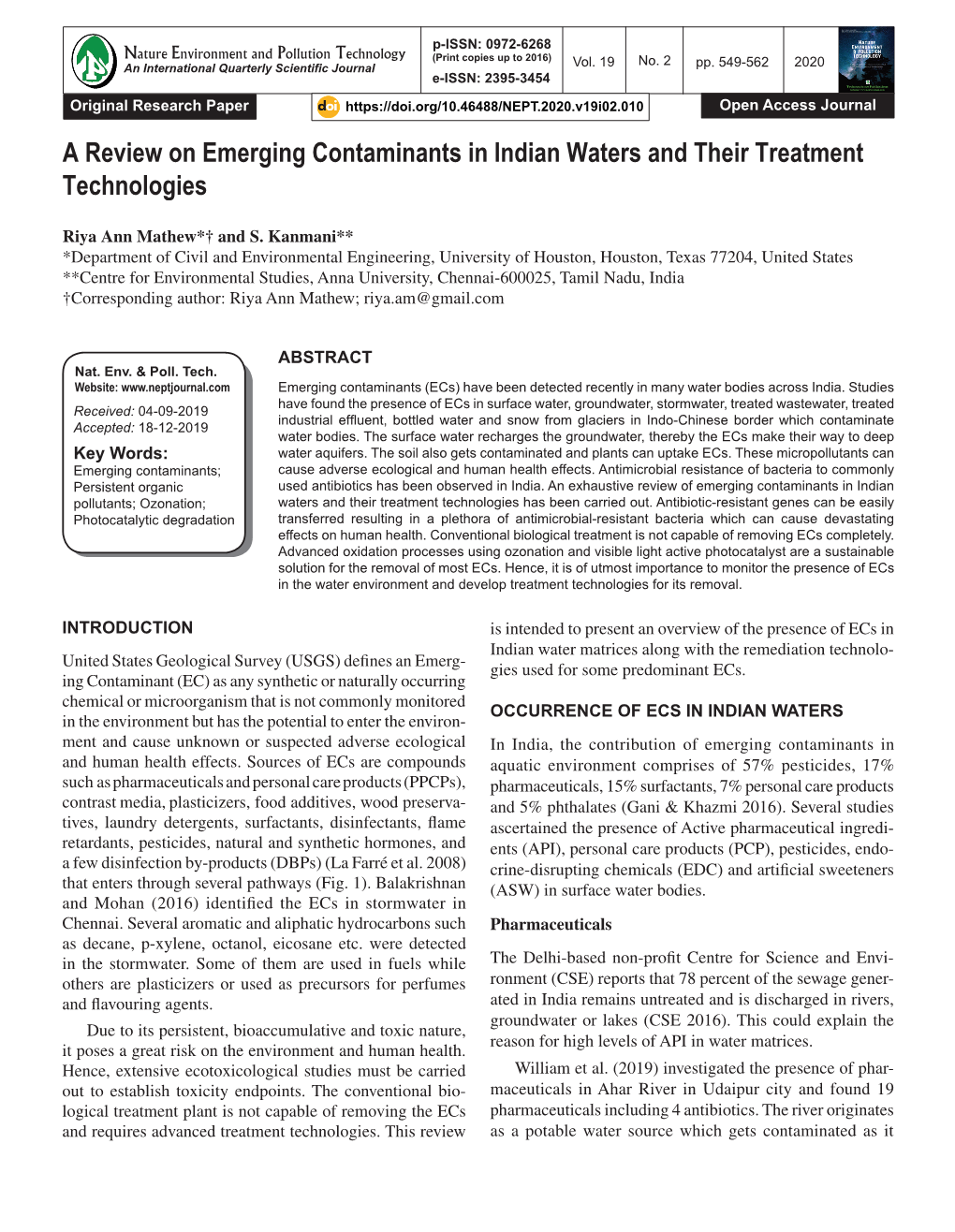 A Review on Emerging Contaminants in Indian Waters and Their Treatment Technologies