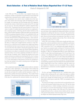 Stock Selection – a Test of Relative Stock Values Reported Over 17-1/2 Years Charles D