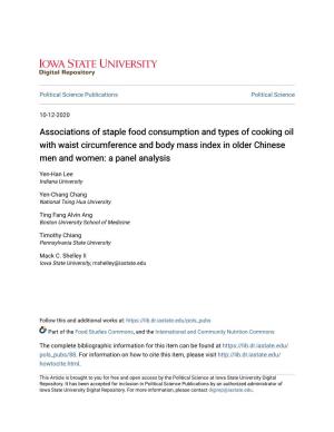 Associations of Staple Food Consumption and Types of Cooking Oil with Waist Circumference and Body Mass Index in Older Chinese Men and Women: a Panel Analysis