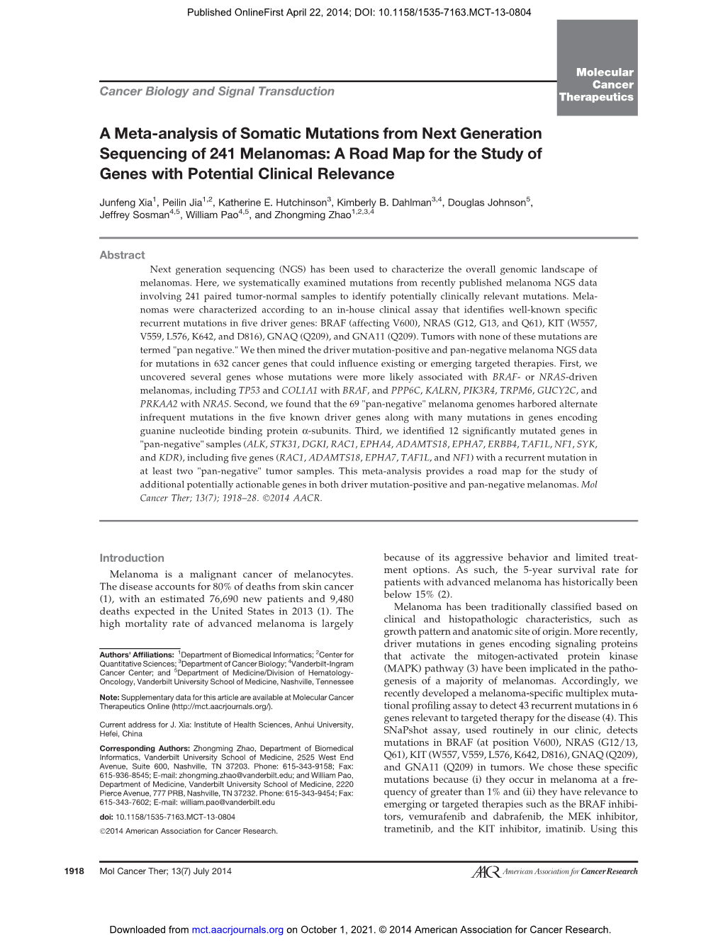 A Meta-Analysis of Somatic Mutations from Next Generation Sequencing of 241 Melanomas: a Road Map for the Study of Genes with Potential Clinical Relevance