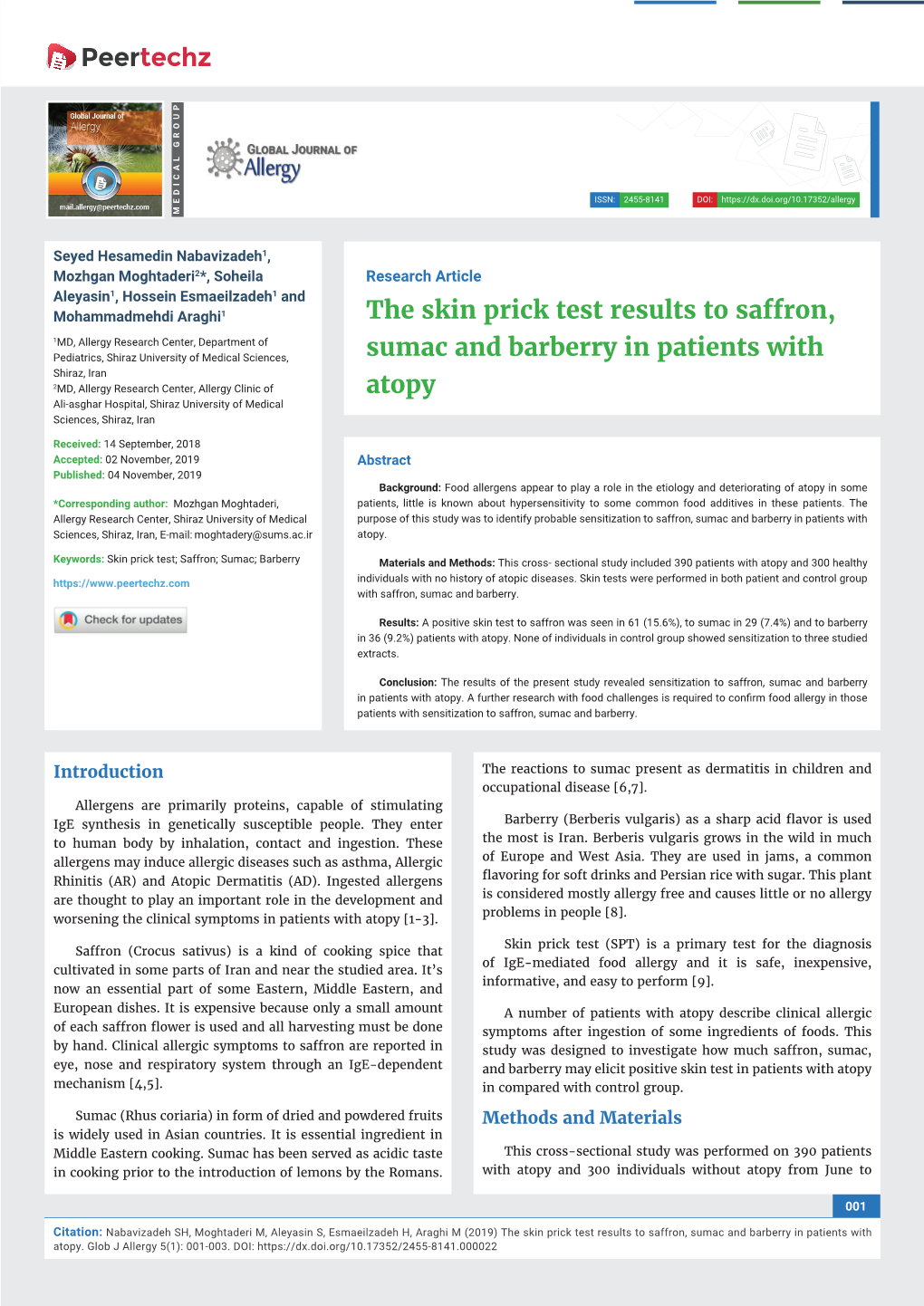 The Skin Prick Test Results to Saffron, Sumac and Barberry in Patients with Atopy