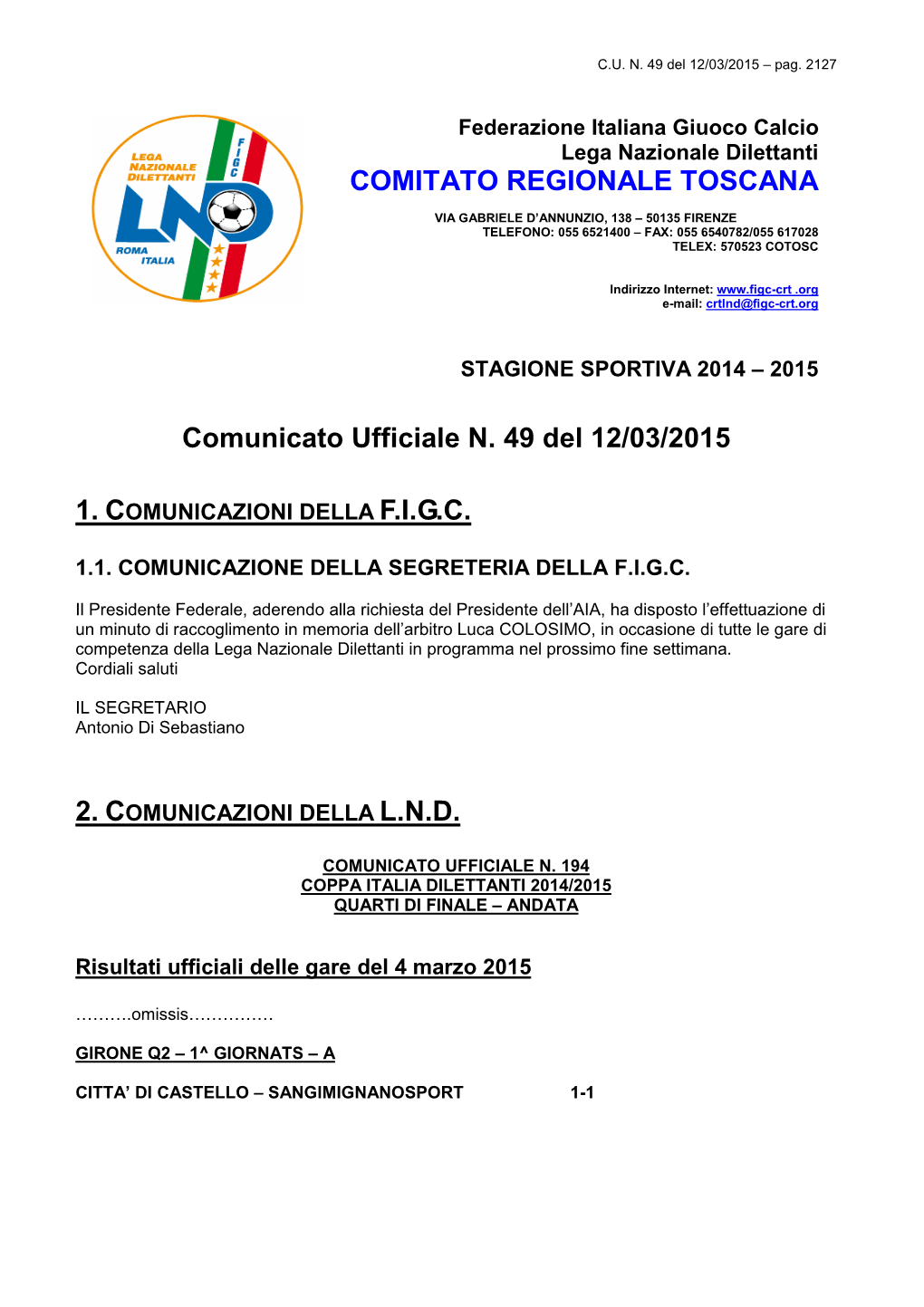 Comunicato Ufficiale N. 49 Del 12/03/2015 COMITATO