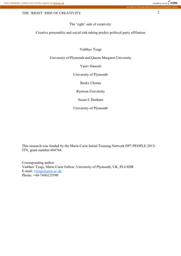 Creative Personality and Social Risk-Taking Predict Political Party Affiliation