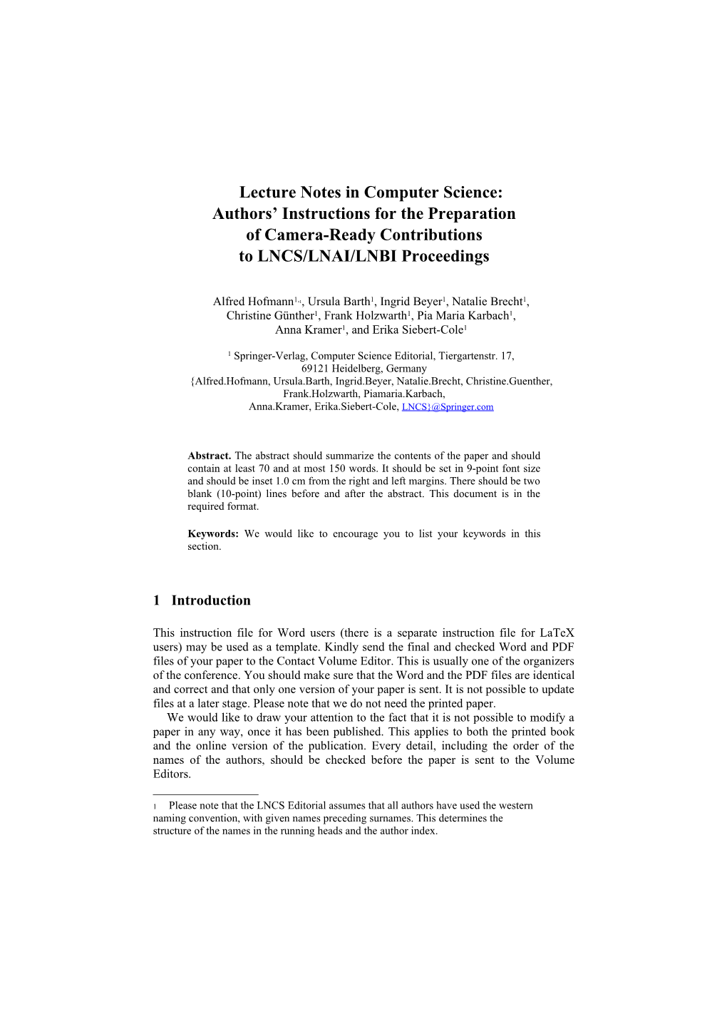 Lecture Notes in Computer Science: Authors Instructions for the Preparation of Camera-Ready s1