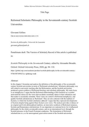 Reformed Scholastic Philosophy in the Seventeenth-Century Scottish Universities