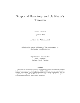 Simplicial Homology and De Rham's Theorem