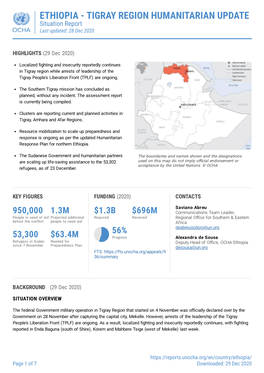 ETHIOPIA - TIGRAY REGION HUMANITARIAN UPDATE Situation Report Last Updated: 28 Dec 2020