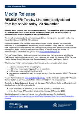 Reminder: Tonsley Line Temporarily Closed from Last Service, Friday, 20