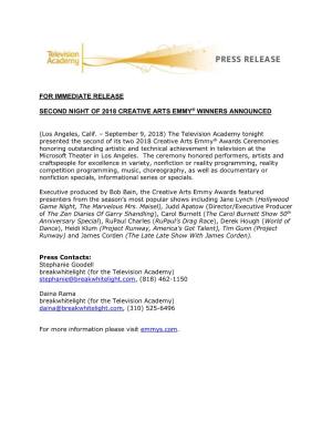 For Immediate Release Second Night of 2018 Creative Arts