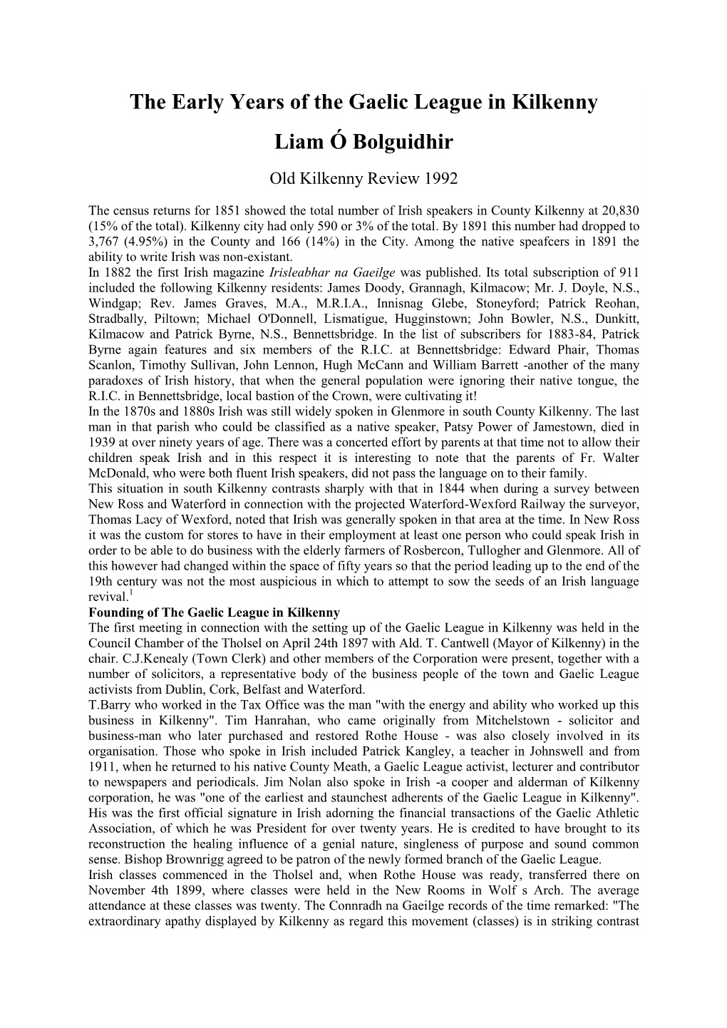 The Early Years of the Gaelic League in Kilkenny Liam Ó Bolguidhir Old Kilkenny Review 1992