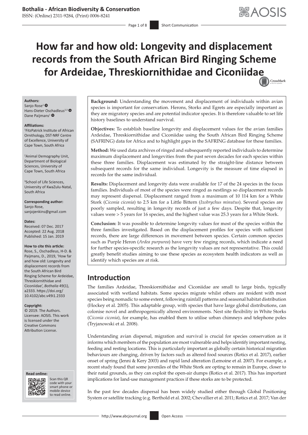 Longevity and Displacement Records from the South African Bird Ringing Scheme for Ardeidae, Threskiornithidae and Ciconiidae