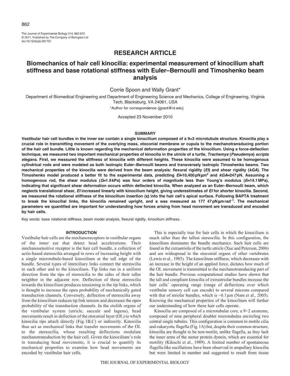 Biomechanics of Hair Cell Kinocilia: Experimental Measurement Of