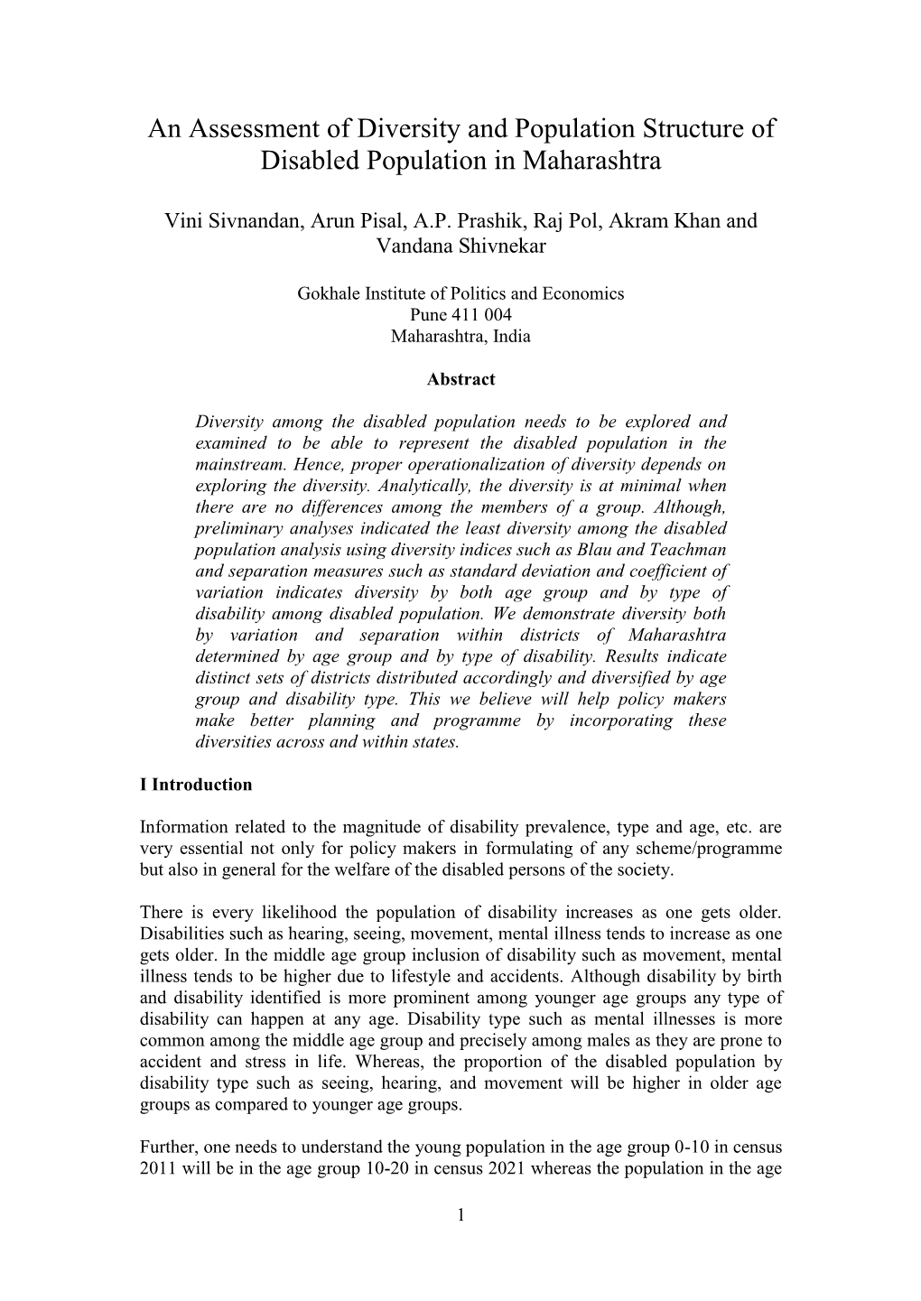 An Assessment of Diversity and Population Structure of Disabled Population in Maharashtra