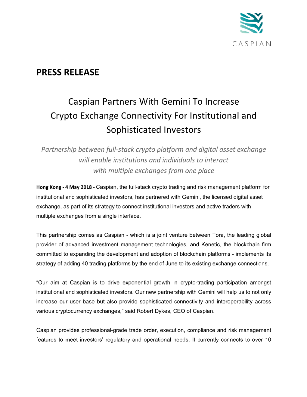 PRESS RELEASE Caspian Partners with Gemini to Increase Crypto