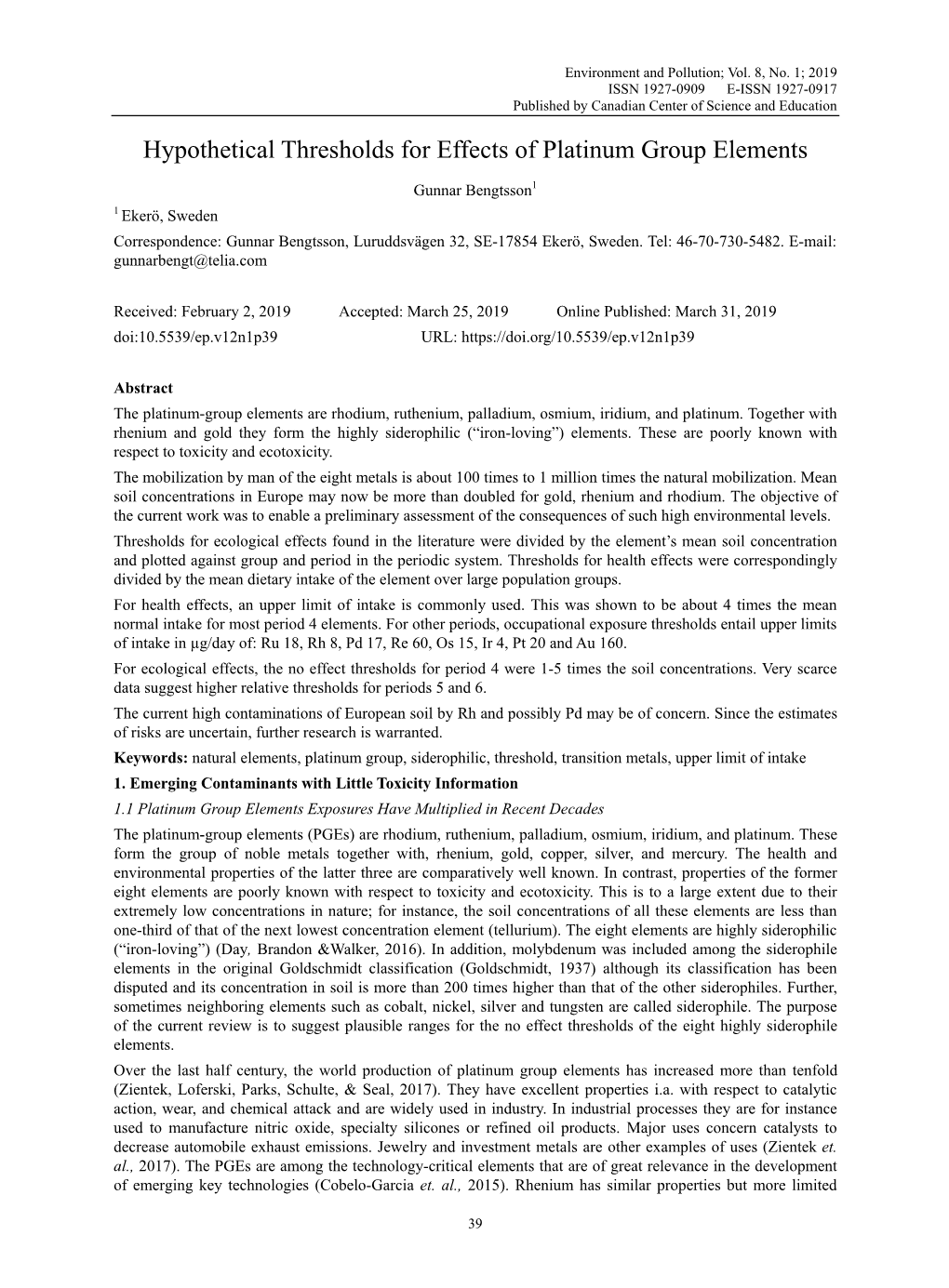 Hypothetical Thresholds for Effects of Platinum Group Elements