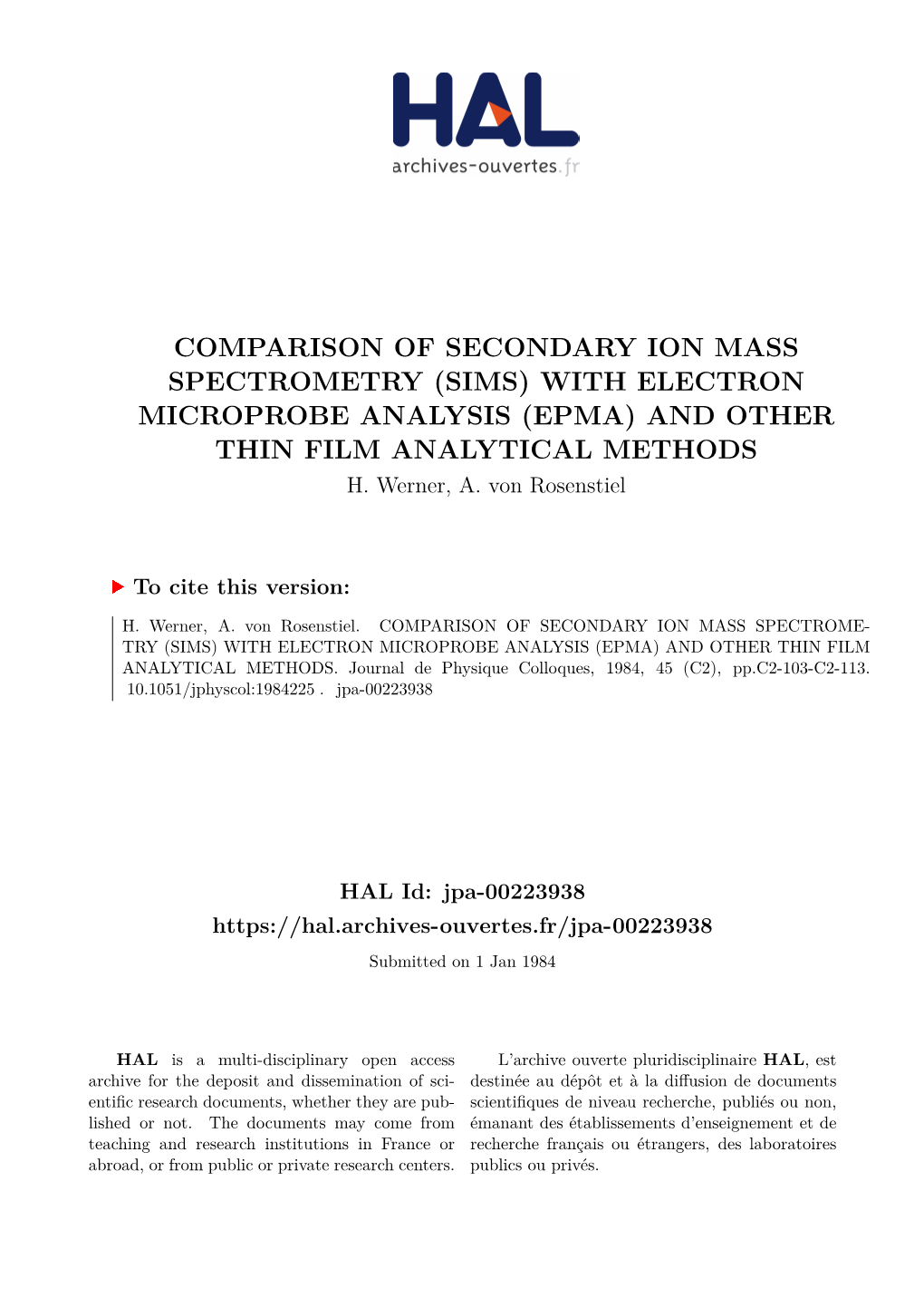 Comparison of Secondary Ion Mass Spectrometry (Sims) with Electron Microprobe Analysis (Epma) and Other Thin Film Analytical Methods H