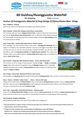 8D Guizhou/Huangguoshu Waterfall --No Shopping CODE: KWET0203 Anshun  Huangguoshu Waterfall  Duge Bridge  Xijiang Qianhu Miao Village