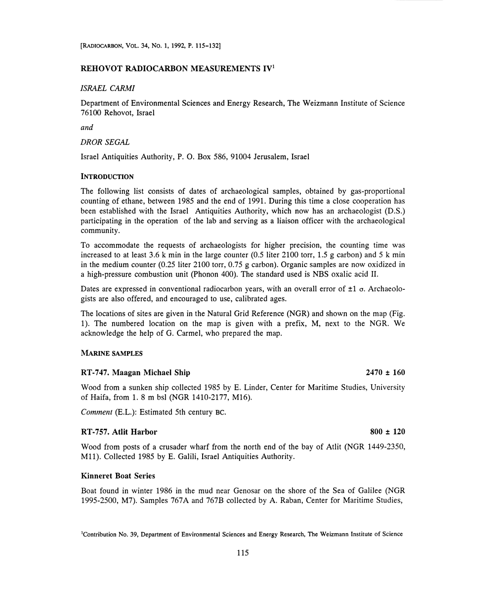 REHOVOT RADIOCARBON MEASUREMENTS IV1 and RT-747