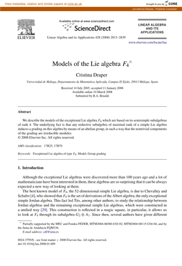 Models of the Lie Algebra F4 Cristina Draper Universidad De Málaga, Departamento De Matemática Aplicada, Campus El Ejido, 29013 Málaga, Spain