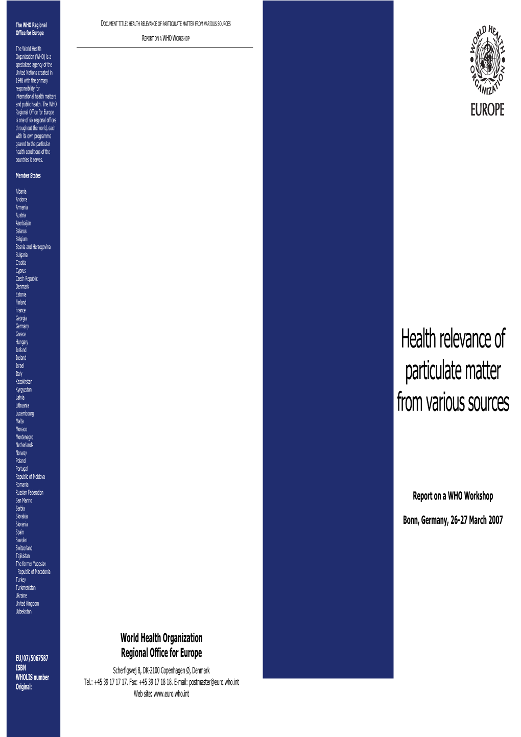 Health Relevance of Particulate Matter from Various Sources