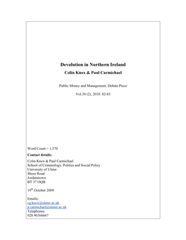 Devolution in Northern Ireland Colin Knox & Paul Carmichael
