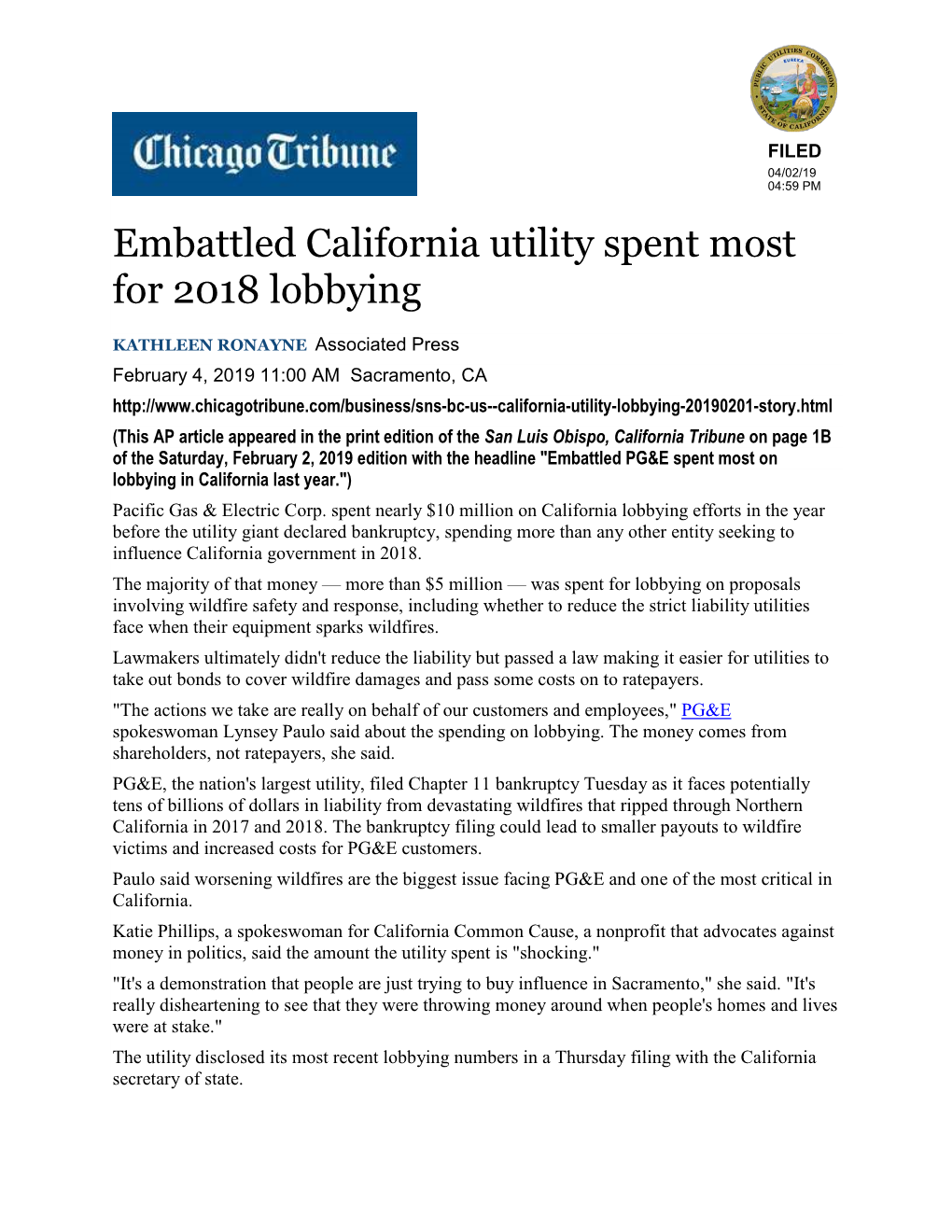 Embattled California Utility Spent Most for 2018 Lobbying